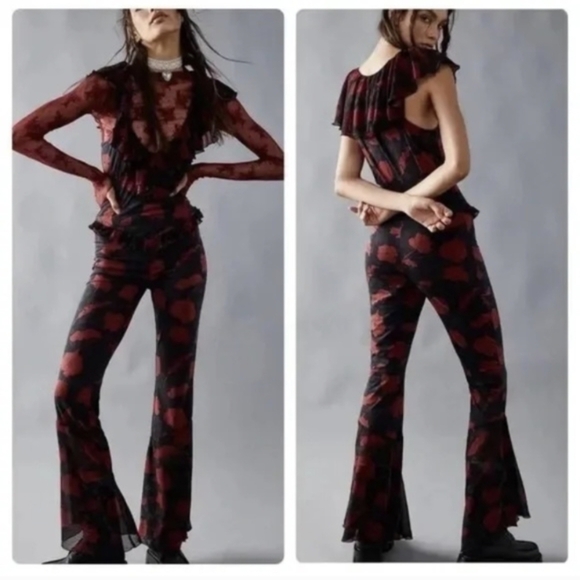 🌹 Free People Black & Crimson Floral Ruffle Flare Jumpsuit – S - Picture 9 of 9